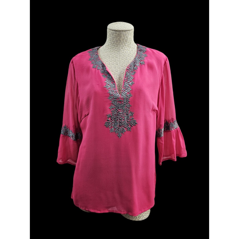 Rungolee L Pink Silk Bell Sleeve Peasant Blouse Shirt Top Tunic Boho Chic EUC